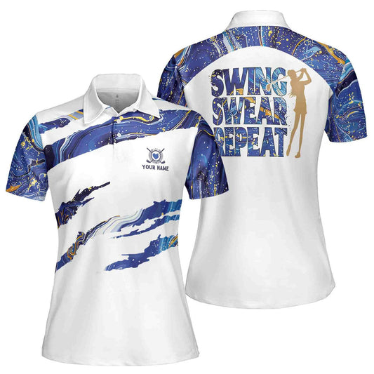 Personalized Women's Golf Shirt Polo - Swing Swear Repeat Marble Pattern Golf