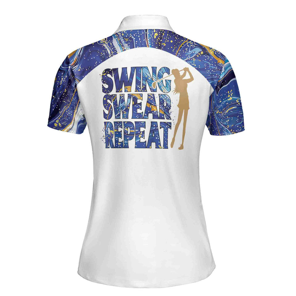 Personalized Women's Golf Shirt Polo - Swing Swear Repeat Marble Pattern Golf