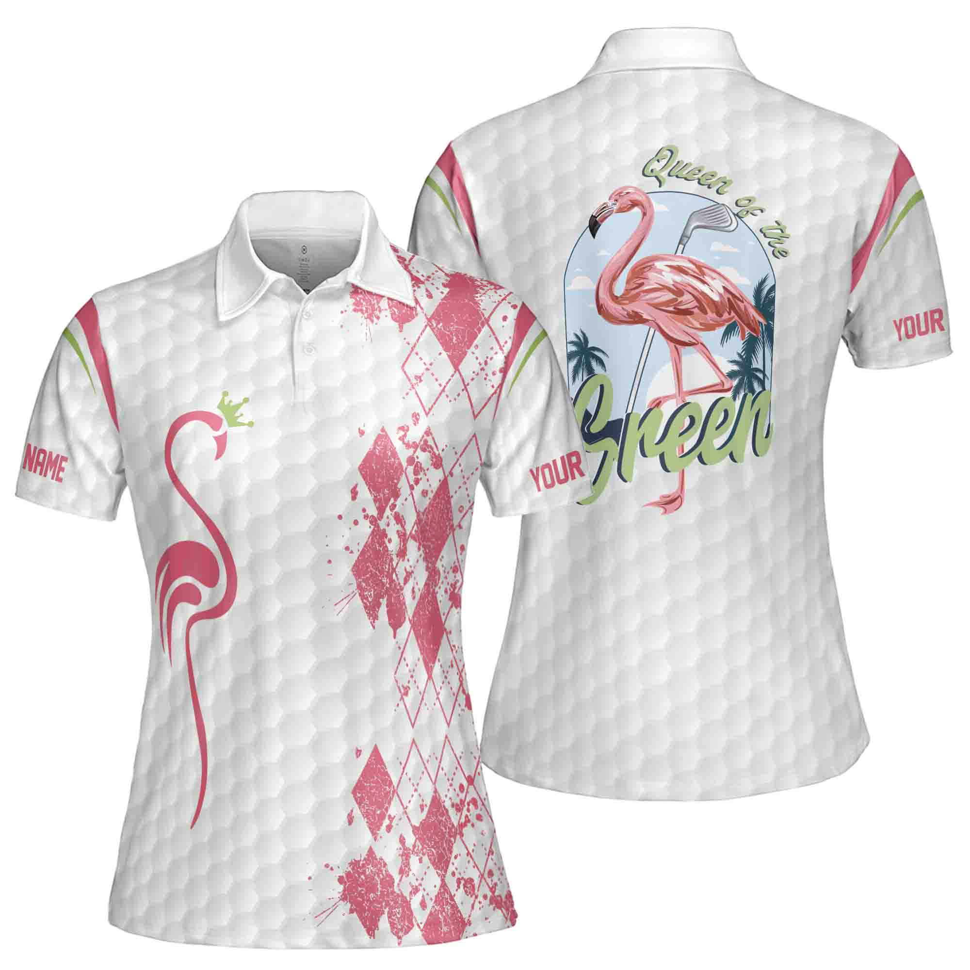 Personalized Women's Golf Shirt Polo - Queen Of The Green Flamingo Queen Of Golf