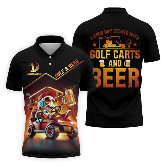 Men’s Personalized Golf Polo Shirt – “A Good Day Starts with Golf Carts and Beer” Funny Golf & Beer Print