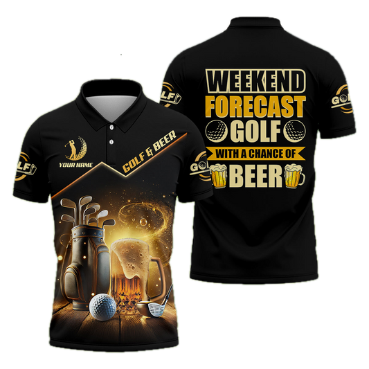 Men’s Personalized Golf Polo Shirt – “Weekend Forecast Golf with a Chance of Beer” Funny Golf & Beer Print