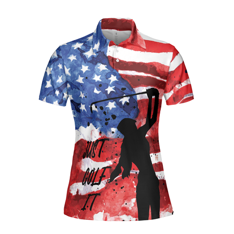 Personalized Women's Golf Shirt Polo - American Golfer Just Golf It Short Sleeve American Flag