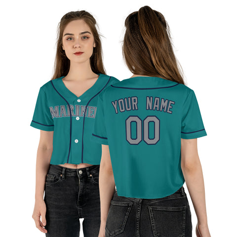 Personalized Seattle Fan Aqua Green Crop Top Baseball Jersey – Home Style Custom Name & Number