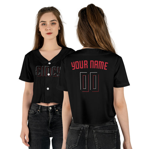 Personalized Cincinnati Fan Black Crop Top Baseball Jersey – Cincy Printed Home Style Custom Name & Number