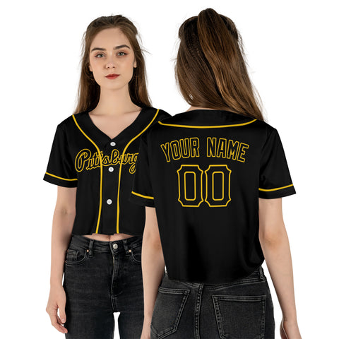 Personalized Pittsburgh Fan Black Crop Top Baseball Jersey – Pittsburgh Printed Home Style Custom Name & Number