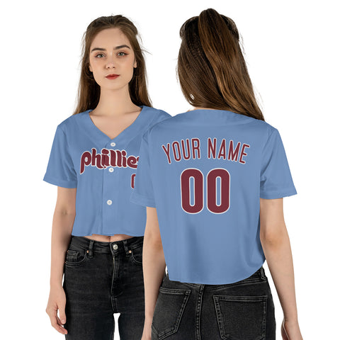 Personalized Philadelphia Fan Light Blue Crop Top Baseball Jersey – Home Style Custom Name & Number