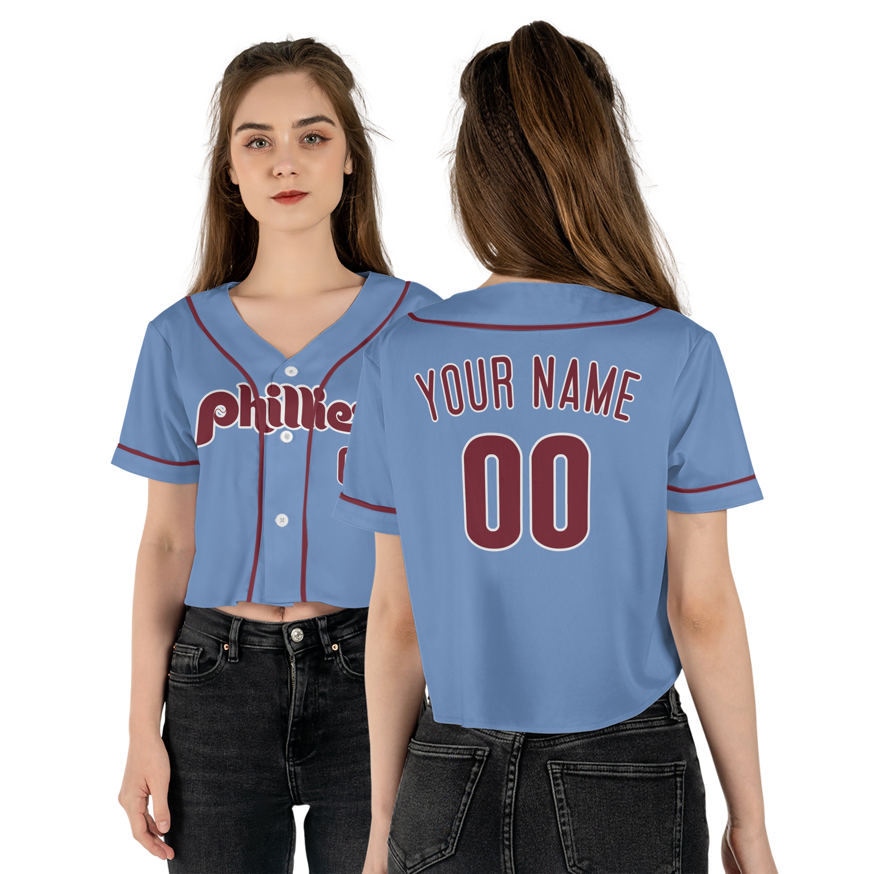 Personalized Philadelphia Fan Light Blue Crop Top Baseball Jersey – Home Style Custom Name & Number