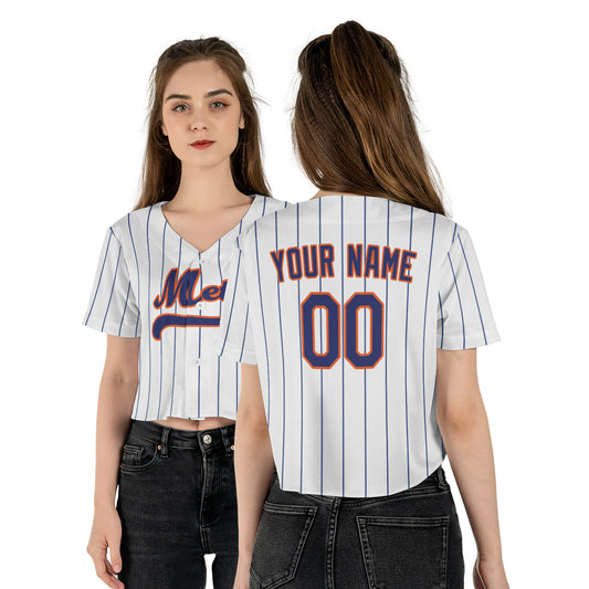 Personalized Queens NY Fan White Crop Top Baseball Jersey – Pinstripe Home Style Custom Name & Number
