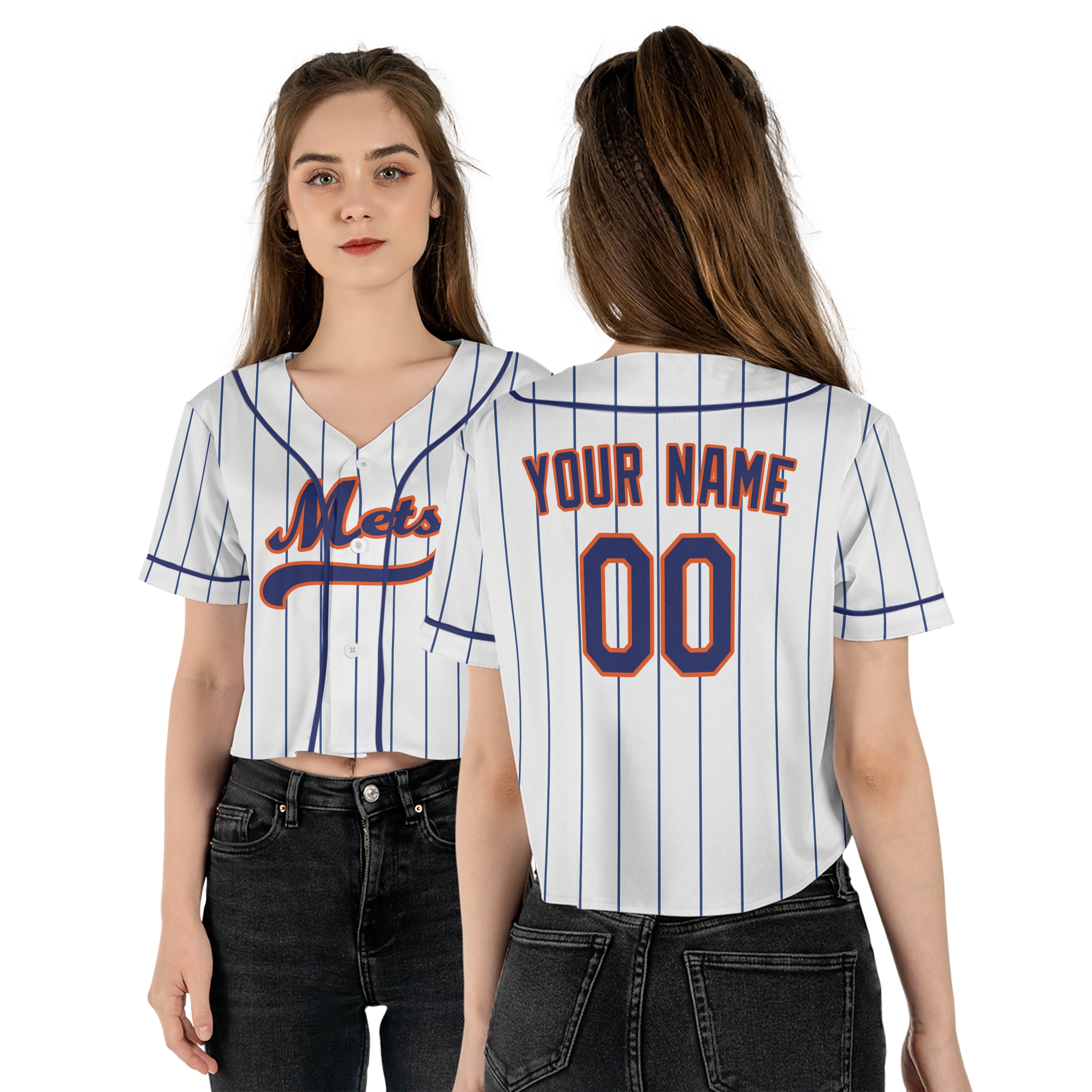 Personalized Queens NY Fan White Crop Top Baseball Jersey – Pinstripe Home Style Custom Name & Number