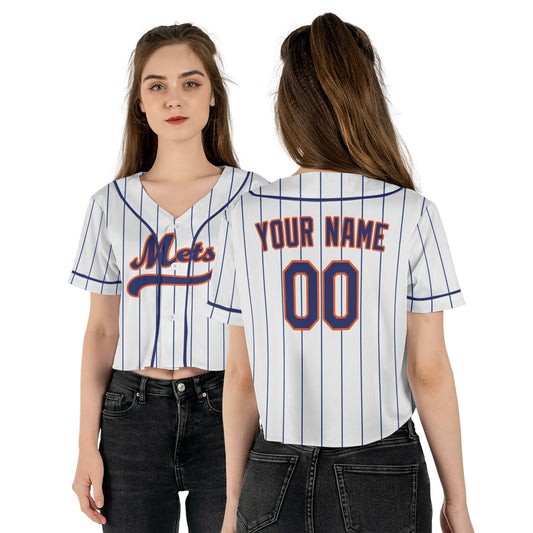 Personalized Queens NY Fan White Crop Top Baseball Jersey – Pinstripe Home Style Custom Name & Number