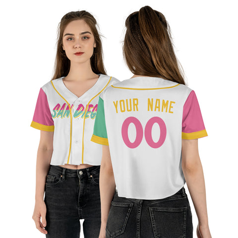 Personalized San Diego Fan White Crop Top Baseball Jersey – San Diego Printed Home Style Custom Name & Number