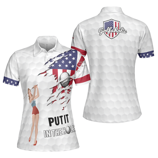 Personalized Women's Golf Shirt Polo - Golf American Flag Girl Short Sleeve