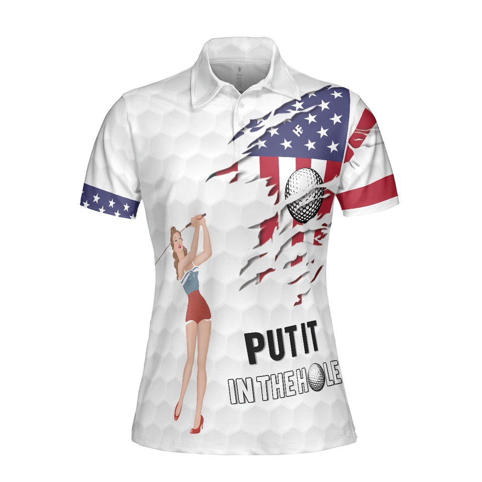 Personalized Women's Golf Shirt Polo - Golf American Flag Girl Short Sleeve