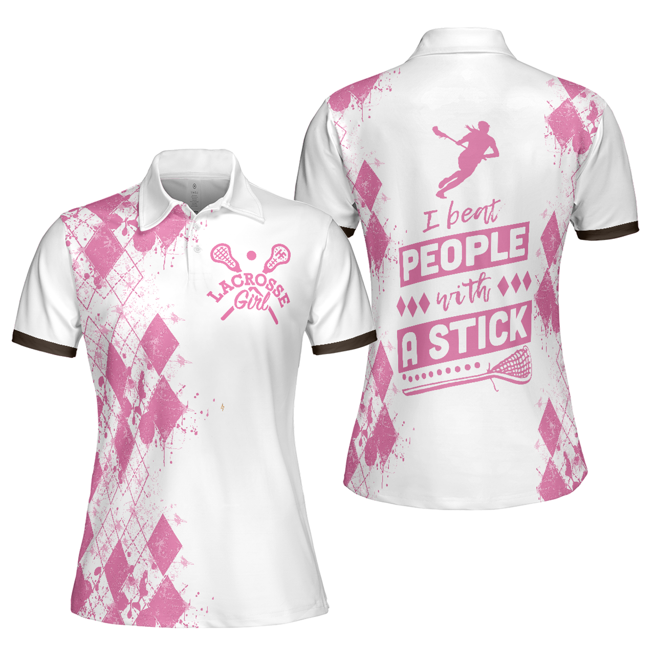 Personalized Women's Golf Shirt Polo - White Pink Lacrosse For Ladies I Beat People With A Stick Golf