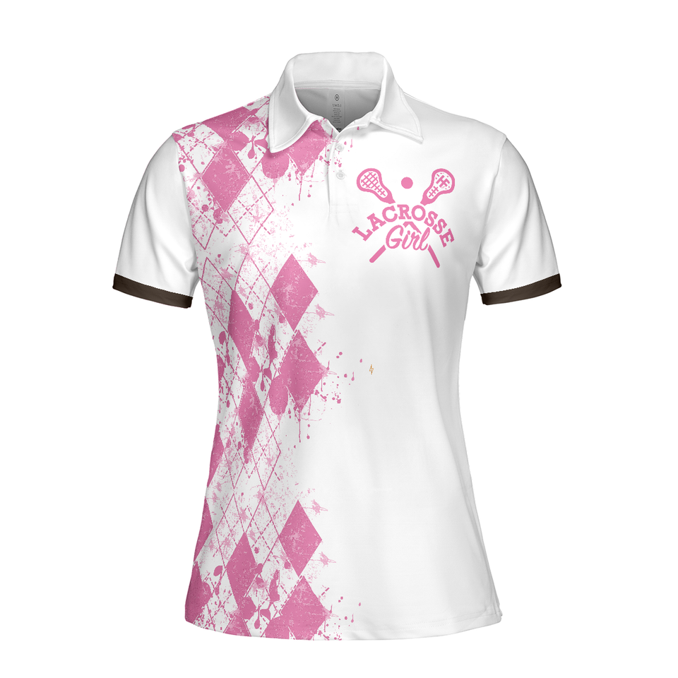 Personalized Women's Golf Shirt Polo - White Pink Lacrosse For Ladies I Beat People With A Stick Golf