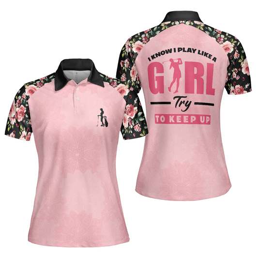 Personalized Women's Golf Shirt Polo - Elegant Flower Pattern Golf Short Sleeve