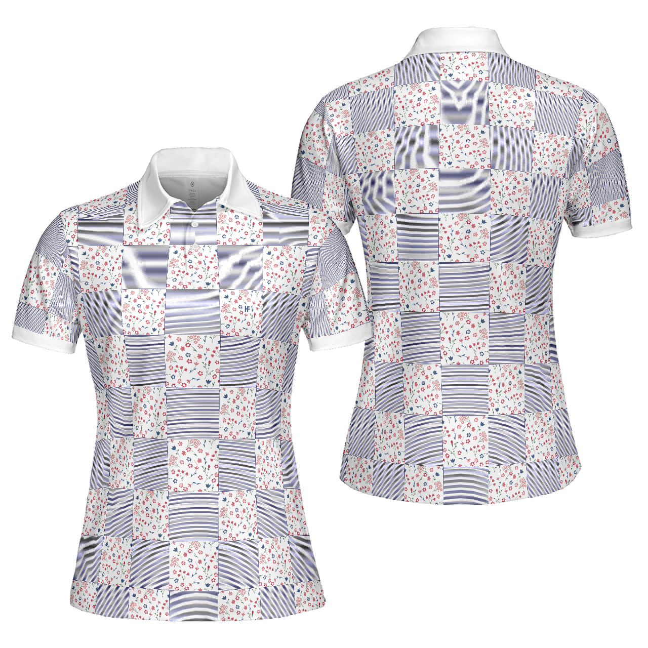Personalized Women's Golf Shirt Polo - Little Flowers Blue Pink Plaid Golf Short Sleeve