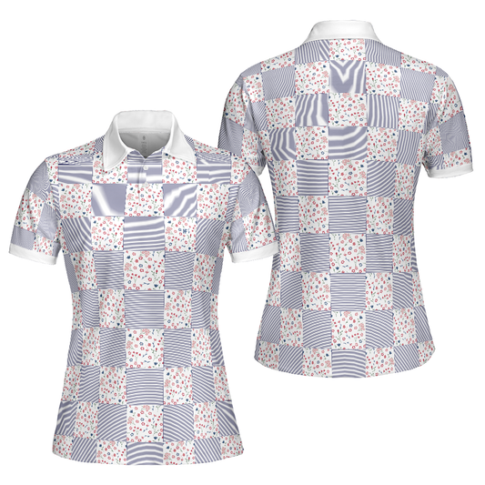 Personalized Women's Golf Shirt Polo - Little Flowers Blue Pink Plaid Golf Short Sleeve