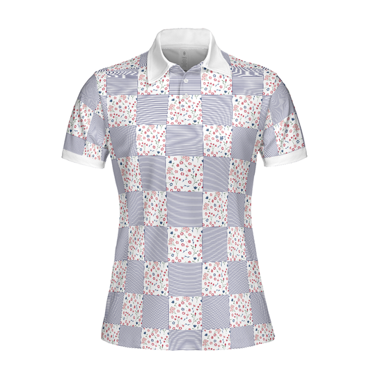 Personalized Women's Golf Shirt Polo - Little Flowers Blue Pink Plaid Golf Short Sleeve