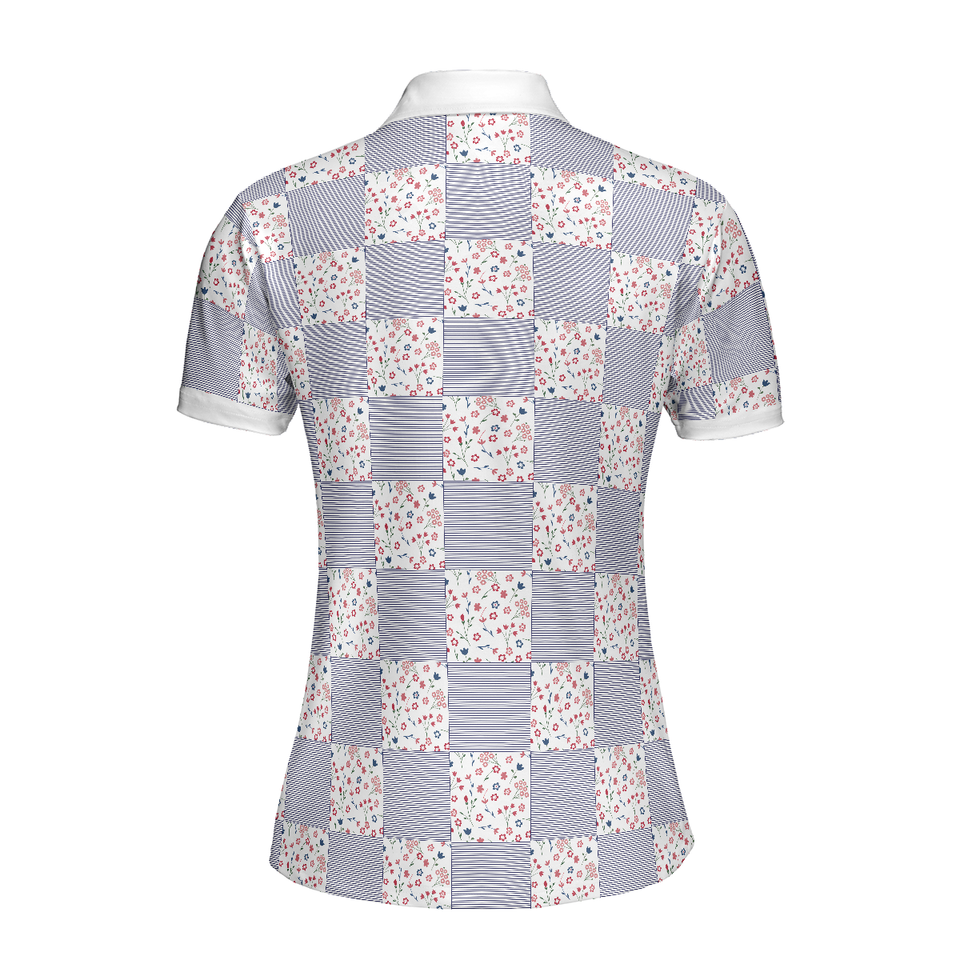 Personalized Women's Golf Shirt Polo - Little Flowers Blue Pink Plaid Golf Short Sleeve
