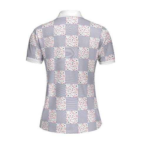 Personalized Women's Golf Shirt Polo - Little Flowers Blue Pink Plaid Golf Short Sleeve