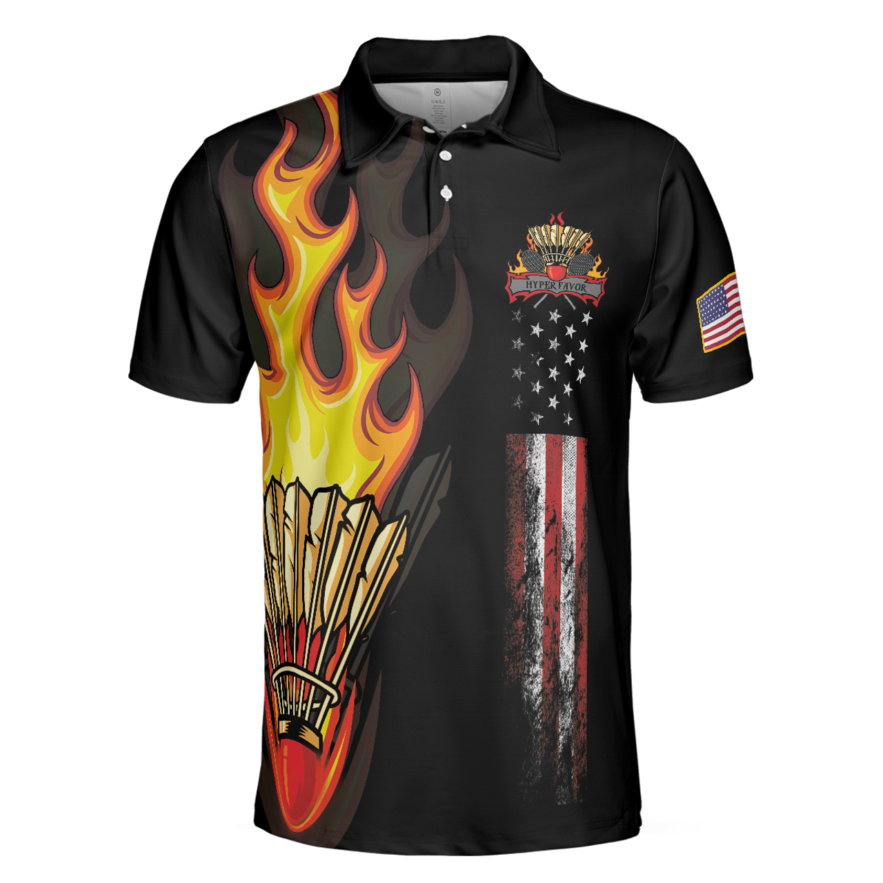 Personalized Men's Golf Shirt Polo - Badminton Flame Black American Flag Gift For Golfer