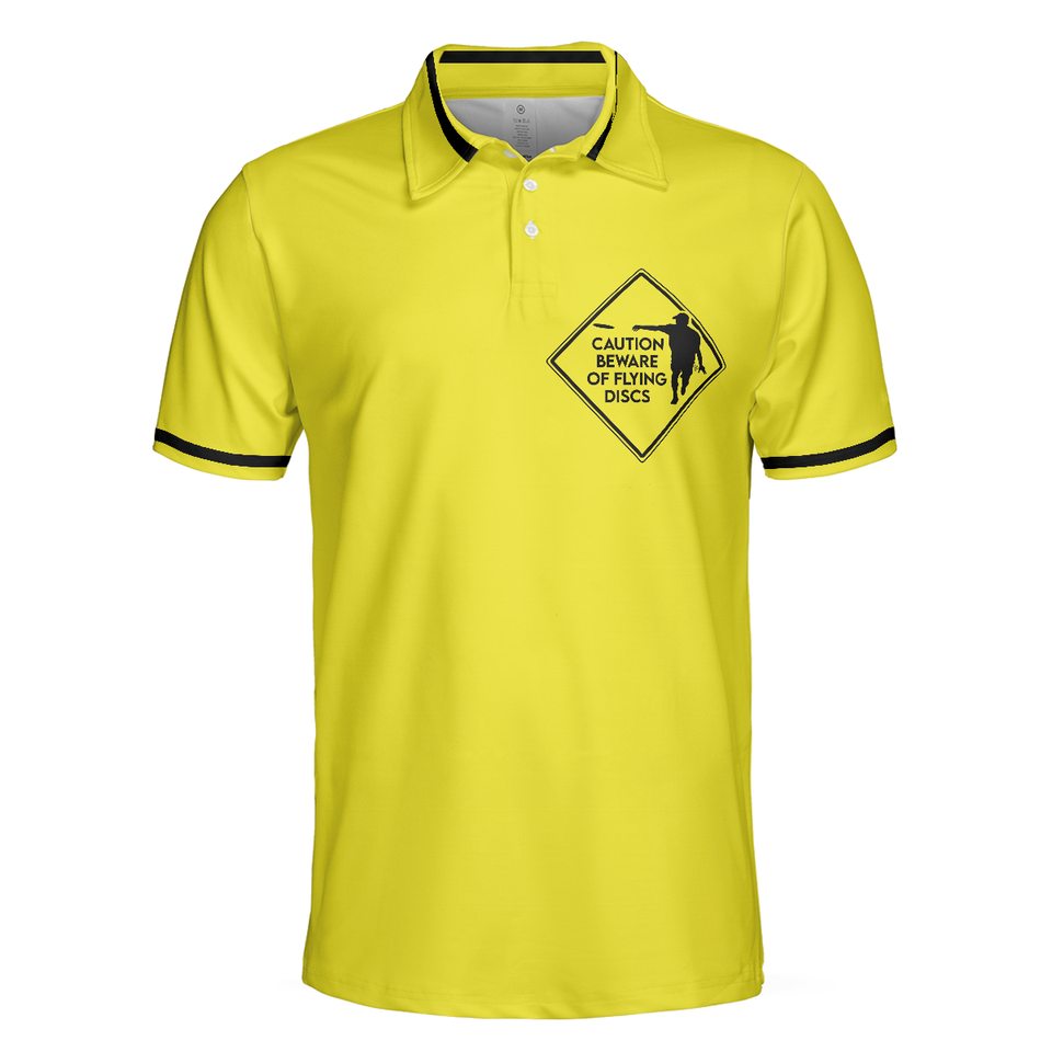 Personalized Men's Golf Shirt Polo - Caution Beware Of Flying Discs Yellow Skull Golf Gift