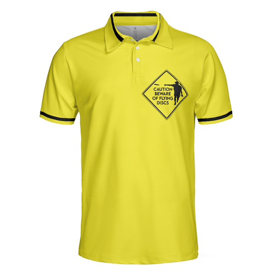 Personalized Men's Golf Shirt Polo - Caution Beware Of Flying Discs Yellow Skull Golf Gift
