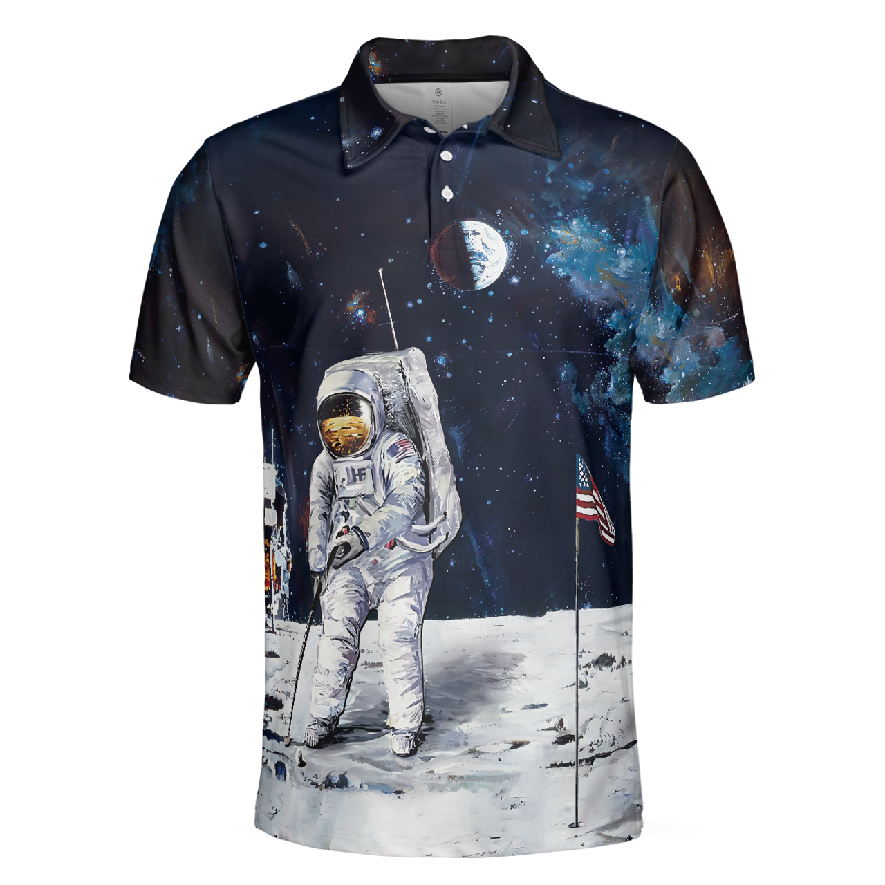 Personalized Men's Golf Shirt Polo - Astronaut Moon Golf Short Sleeve Gift For Golfer American Flag