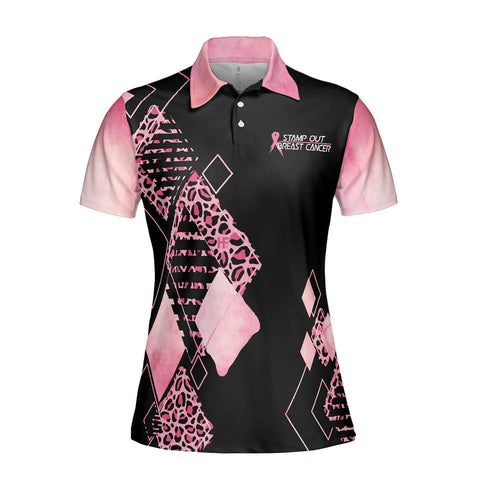 Personalized Women's Golf Shirt Polo - Leopard Argyle Pattern Golf Pink Ribbon For Ladies