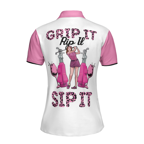Personalized Women's Golf Shirt Polo - Pink Leopard Pattern Golf Grip It Rip It Sip It Sleeve
