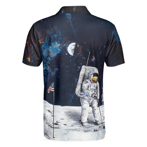 Personalized Men's Golf Shirt Polo - Astronaut Moon Golf Short Sleeve Gift For Golfer American Flag