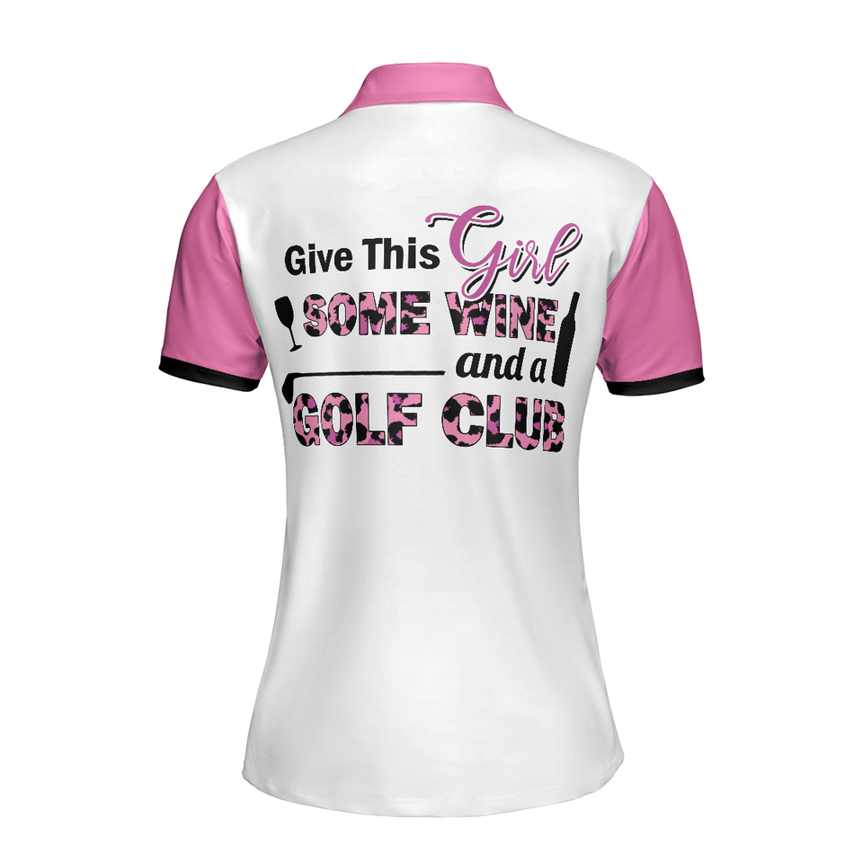 Personalized Women's Golf Shirt Polo - Pink Leopard Gift For Ladies Who Love Wine And Golf