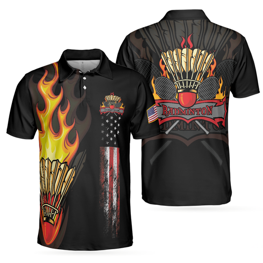 Personalized Men's Golf Shirt Polo - Badminton Flame Black American Flag Gift For Golfer
