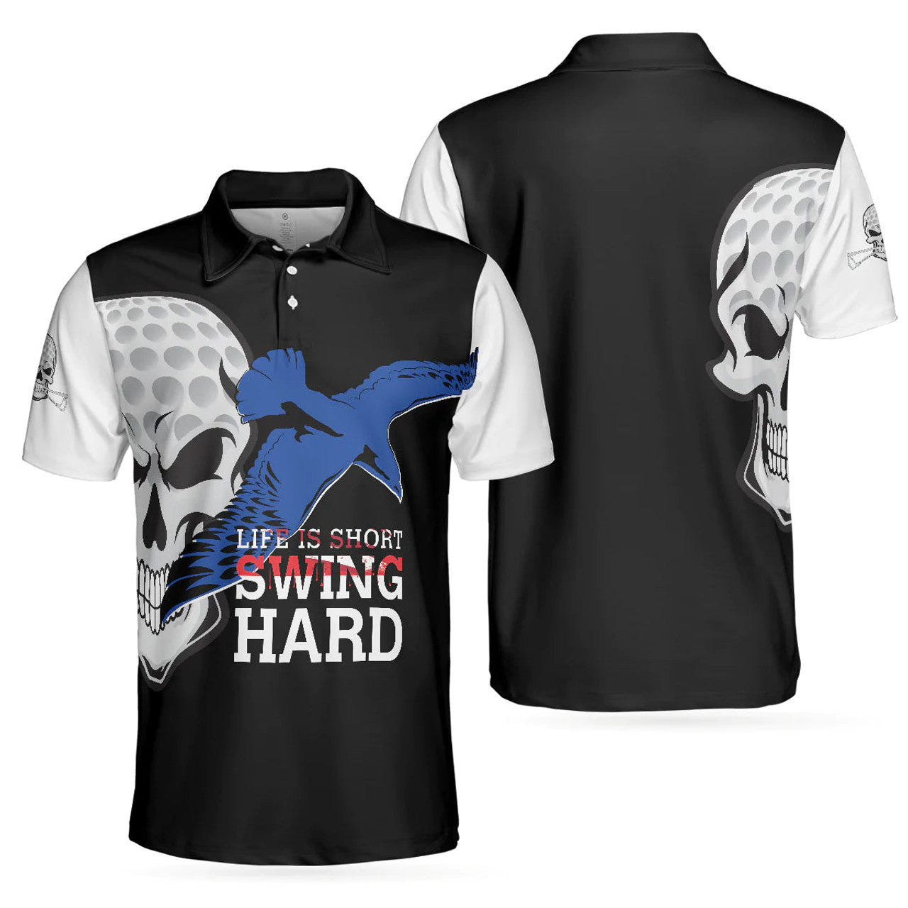Personalized Men's Golf Shirt Polo - Life Is Short Swing Hard Skull Albatross Golf Gift