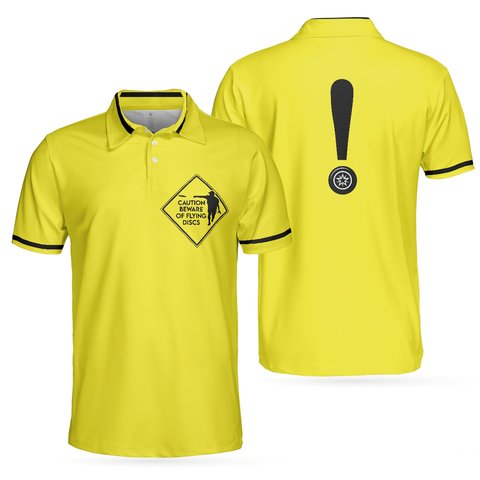 Personalized Men's Golf Shirt Polo - Caution Beware Of Flying Discs Yellow Skull Golf Gift