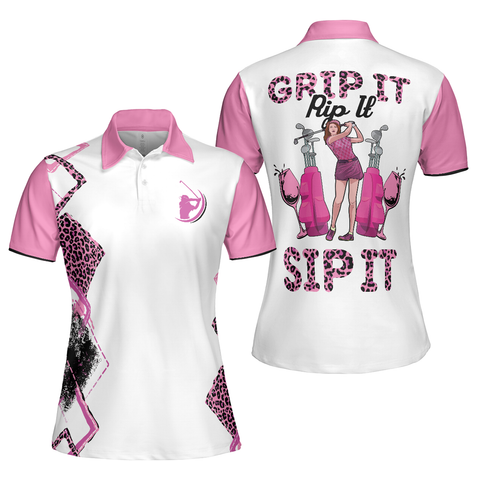 Personalized Women's Golf Shirt Polo - Pink Leopard Pattern Golf Grip It Rip It Sip It Sleeve