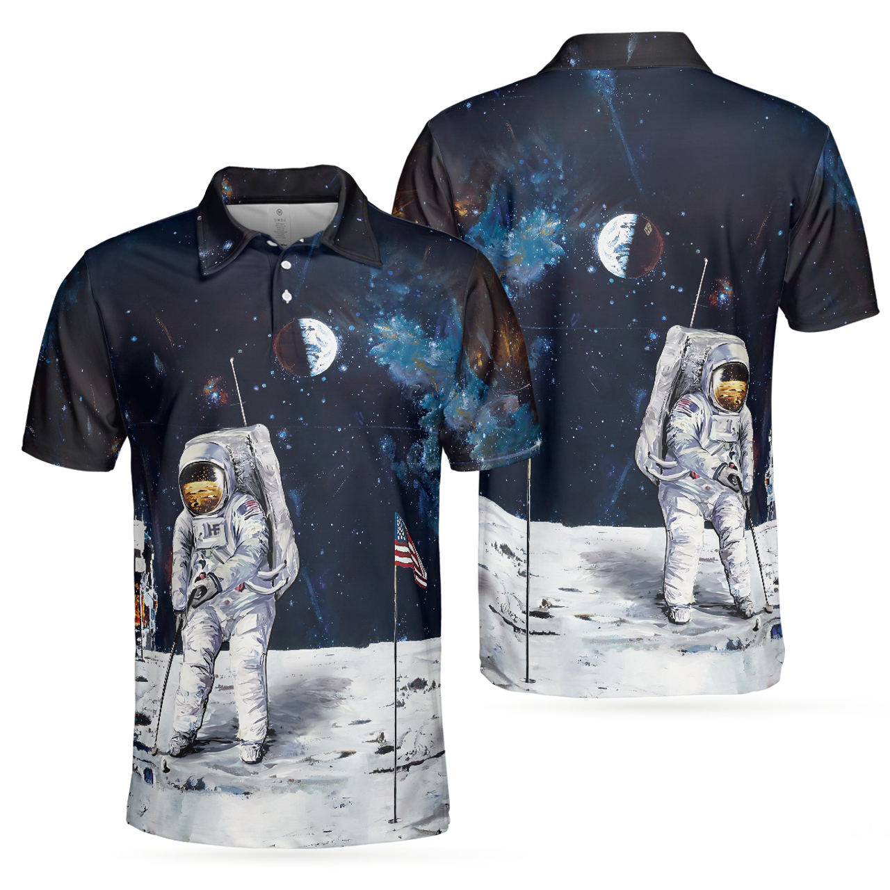 Personalized Men's Golf Shirt Polo - Astronaut Moon Golf Short Sleeve Gift For Golfer American Flag