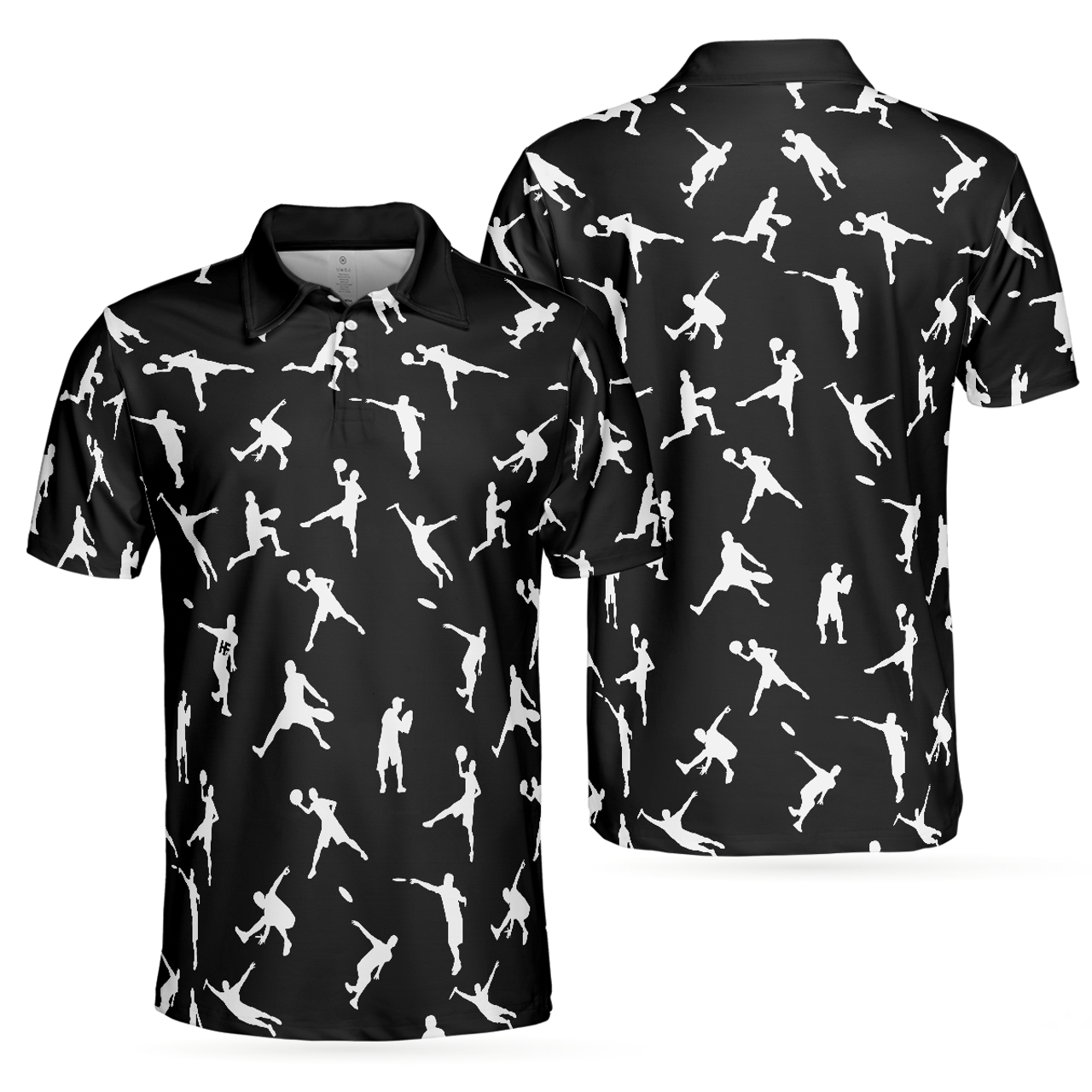 Personalized Men's Golf Shirt Polo - Silhouette Playing Disc Golf Black And White Pattern