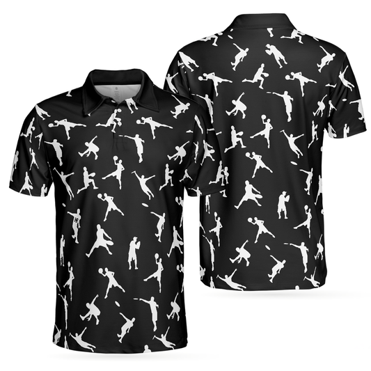 Personalized Men's Golf Shirt Polo - Silhouette Playing Disc Golf Black And White Pattern
