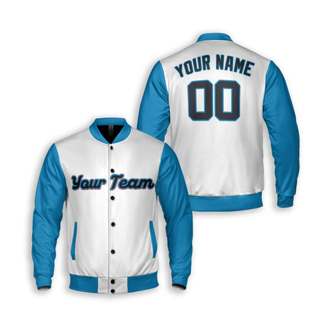 Personalized Miami FL Fan White Sky Blue Varsity Baseball Jacket – Alternate Style Custom Name & Number