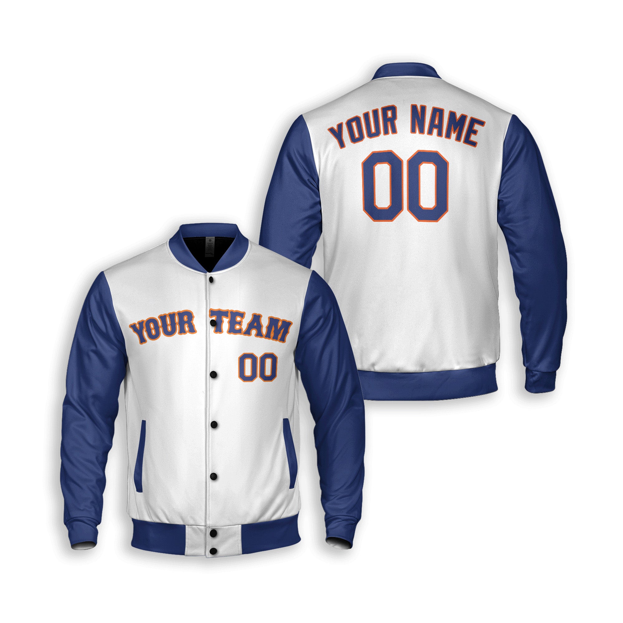 Personalized Queens NY Fan White Blue Varsity Baseball Jacket – Away Style Custom Name & Number