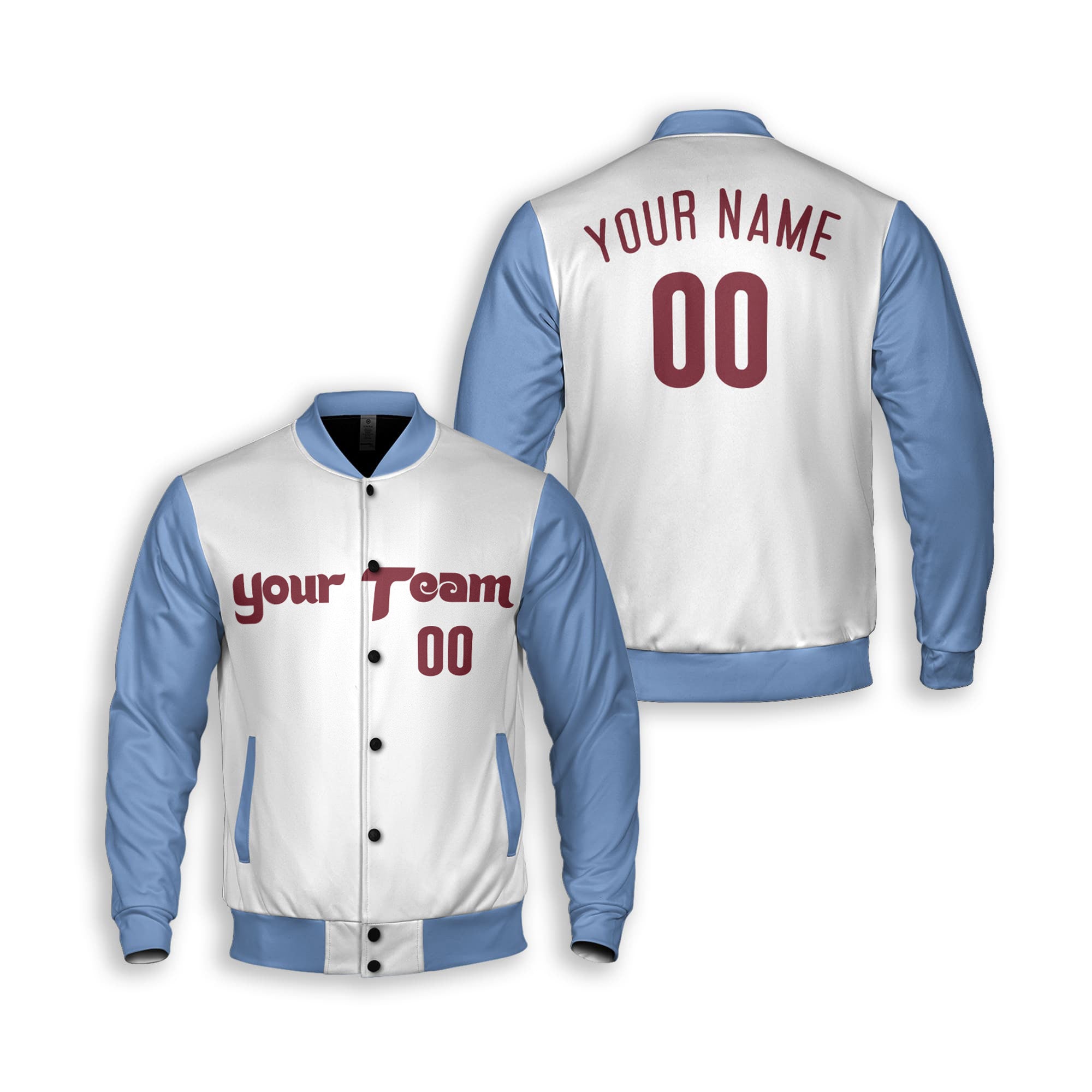Personalized Philadelphia Fan White Light Blue Varsity Baseball Jacket – Alternate Custom Name & Number
