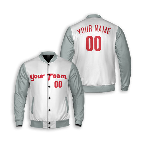 Personalized Philadelphia Fan White Gray Varsity Baseball Jacket – Away Custom Name & Number