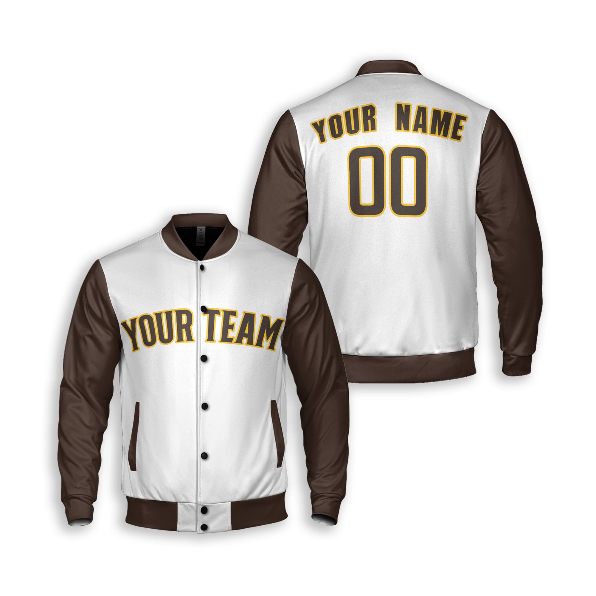 Personalized San Diego Fan White Brown Varsity Baseball Jacket – Alternate Style Custom Name & Number