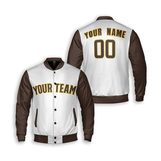 Personalized San Diego Fan White Brown Varsity Baseball Jacket – Alternate Style Custom Name & Number