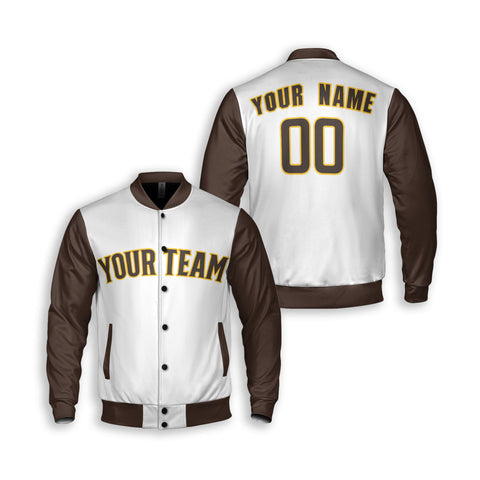 Personalized San Diego Fan White Brown Varsity Baseball Jacket – Alternate Style Custom Name & Number