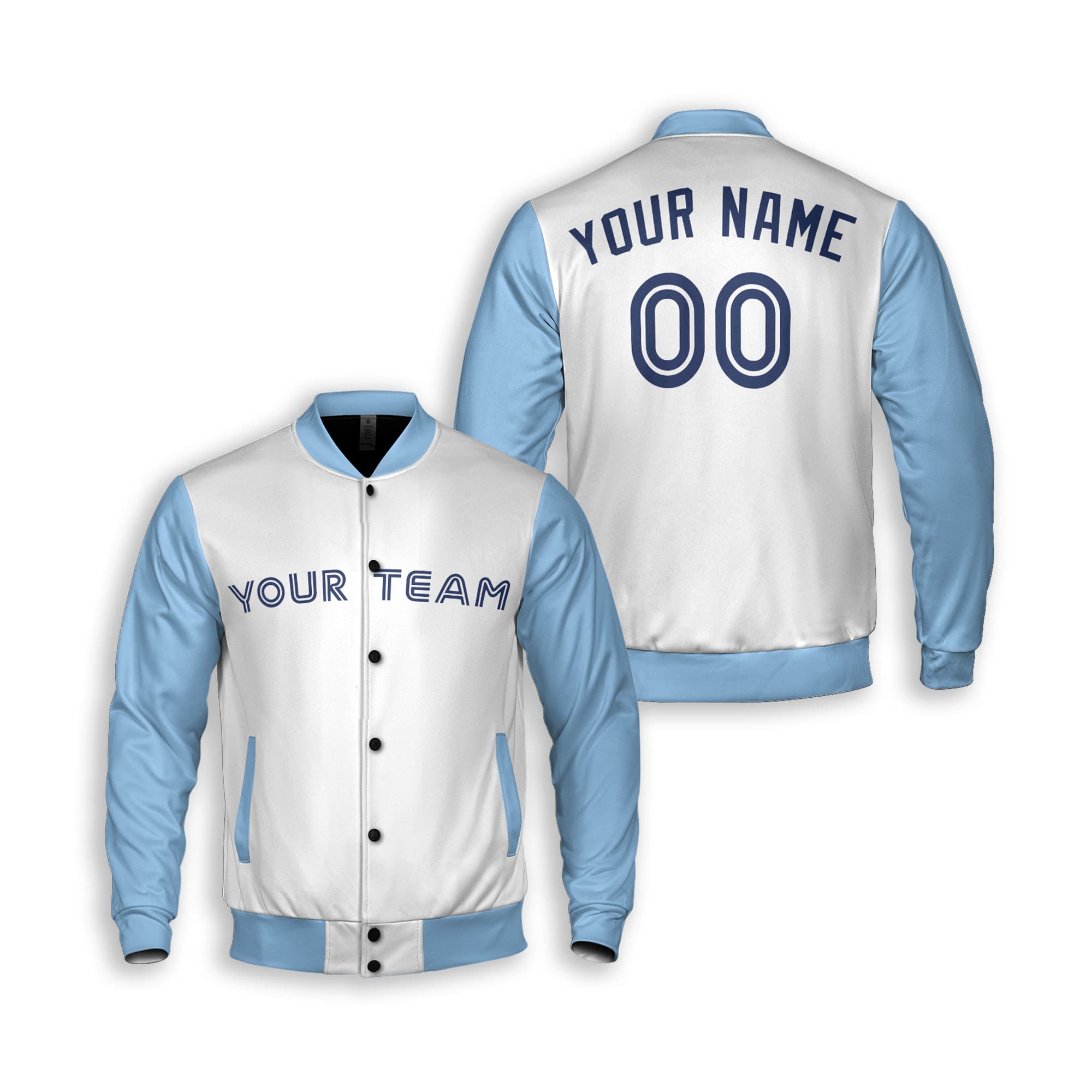 Personalized Toronto Fan White Sky Blue Varsity Baseball Jacket – Alternate Style Custom Name & Number