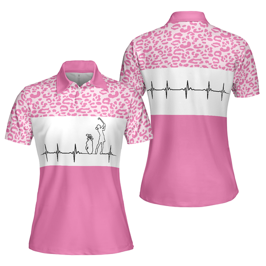 Personalized Women's Golf Shirt Polo - Leopard Heartbeat Golf Short Sleeve For Ladies