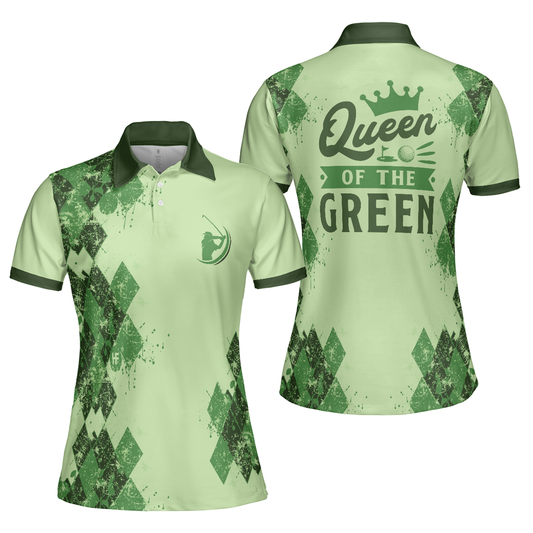 Personalized Women's Golf Shirt Polo - Queen Of The Green Golf Girl Short Sleeve Argyle Pattern